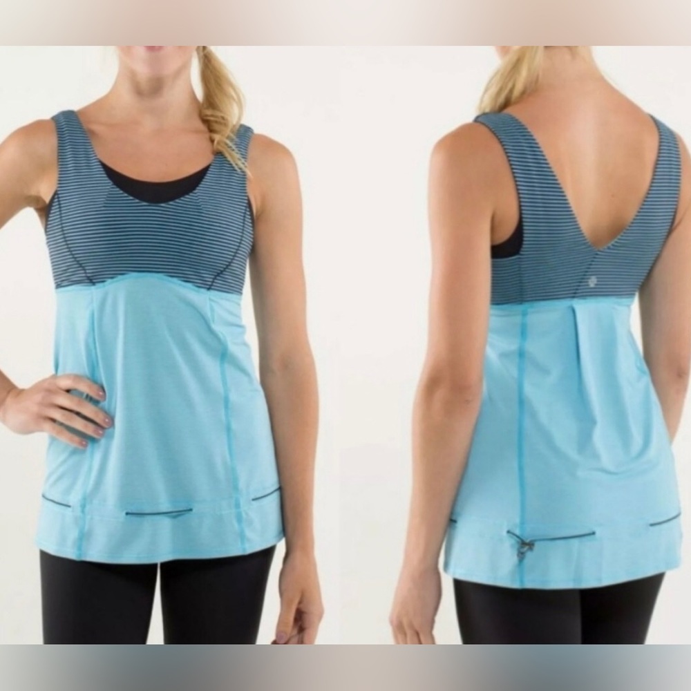 Lululemon Hustle & Bustle Yoga /Run Striped Blue Moon top Size 6